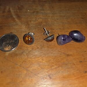 Baltic Amber? & Amethyst Lot Of 2 Pairs Of Gemstone Ladies Earrings